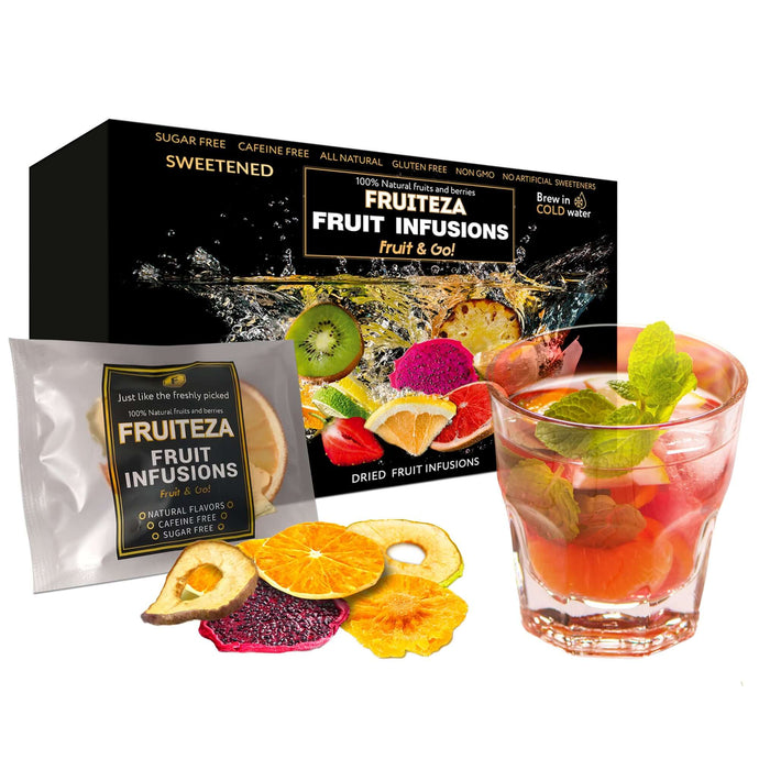 Fruiteza Cold Brew Fruit Infusion Sampler, Variety Tropical Flavors Herbal Tea Bags, Caffeine Free Tea Box, Water Flavoring Packs for Iced Tea