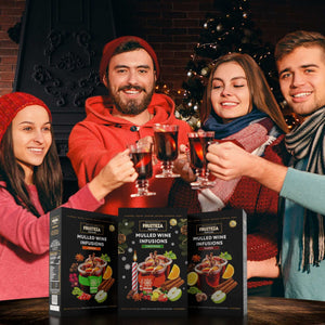 Friends gather for celebration with mulled wine. 